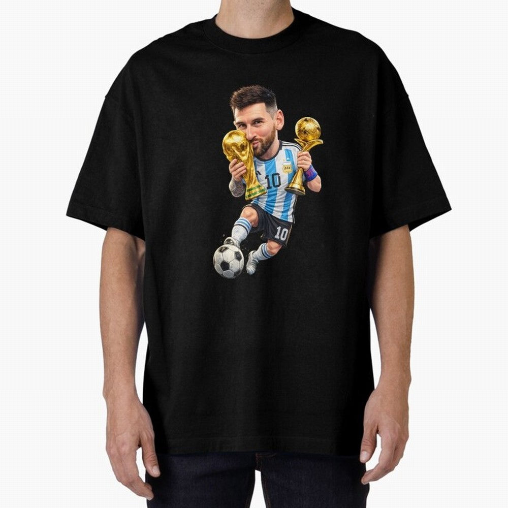 Lionel Messi ¨C Trophy King Caricature Oversized T-Shirt Relive Legendary Nights from FIFA World Cup 2026 Group Stage Inspired by Messi, Neymar and Mbappe, France and Portugal Energy, Match Day Excitement, Supporter Culture, Golden Goals and Global