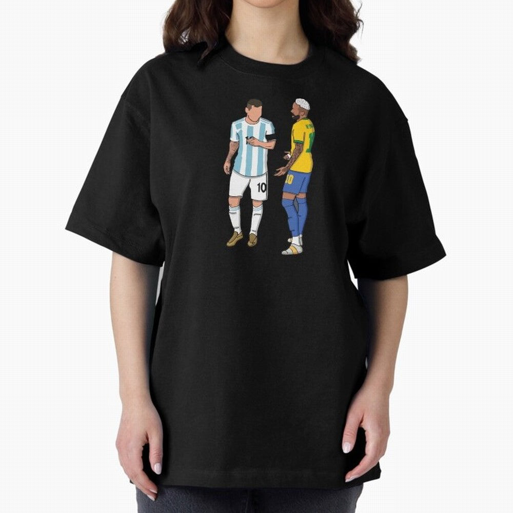Messi and Neymar Chit Chat Illustration Oversized T-Shirt Keep the Legacy of Global Football Passion for FIFA World Cup 2026, Inspired by Cristiano Ronaldo, Haaland and CR7, Brazil, Football History, Final Match Energy, Crowd Noise and Once in a