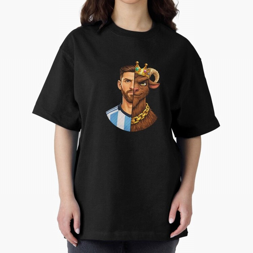 Half Man Half GOAT - Lionel Messi Oversized T-Shirt Honor Champions and Dreams in Global Football Passion for FIFA World Cup 2026 USA Canada Mexico, Featuring Mbappe, Germany, Stadium Memories, Football Loyalty, International Chants and