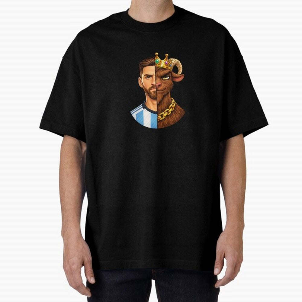 Half Man Half GOAT - Lionel Messi Oversized T-Shirt Honor Champions and Dreams in Global Football Passion for FIFA World Cup 2026 USA Canada Mexico, Featuring Mbappe, Germany, Stadium Memories, Football Loyalty, International Chants and