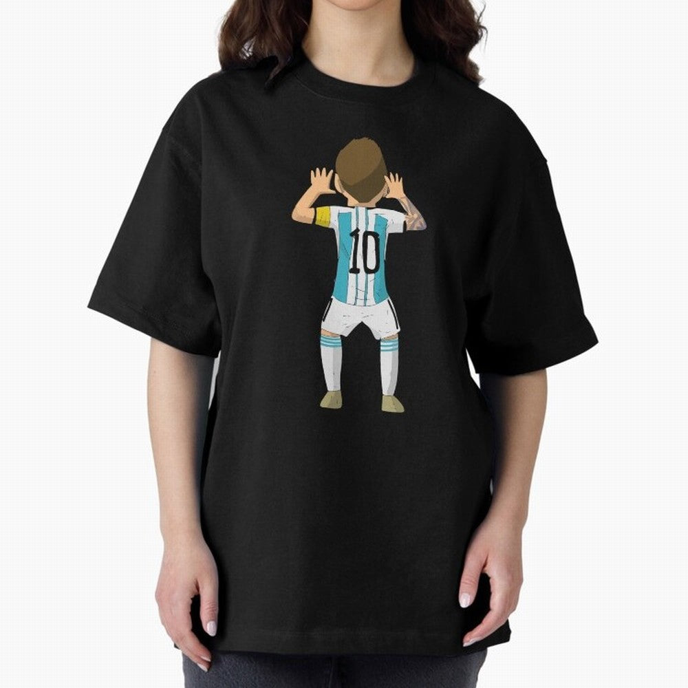 Cartoon Illustration Messi vs Netherlands World Cup Qatar 2022 Oversized T-Shirt Share FIFA World Cup 2026 Spirit, Celebrating Argentina, Cristiano Ronaldo, Goal Celebration Energy, Supporter Heritage, Football Icons and Worldwide Tournament Joy;
