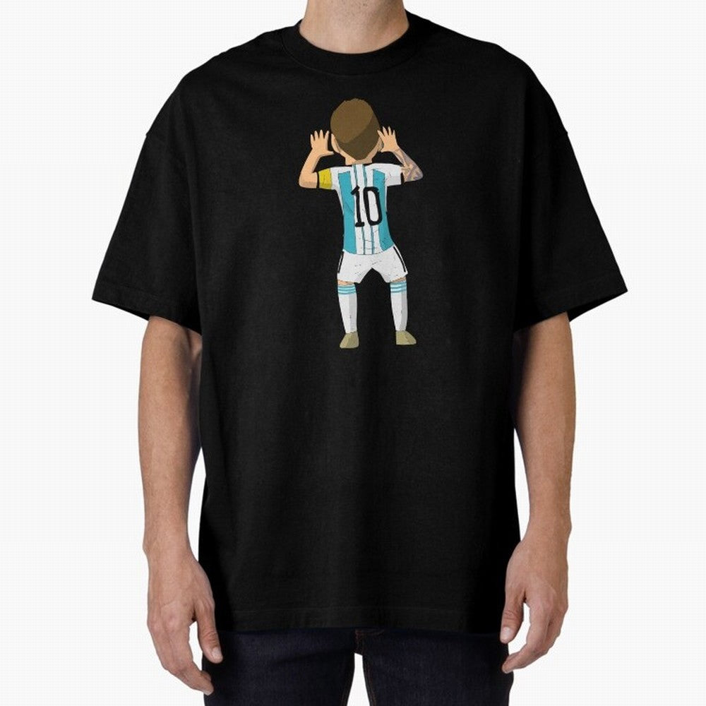 Cartoon Illustration Messi vs Netherlands World Cup Qatar 2022 Oversized T-Shirt Share FIFA World Cup 2026 Spirit, Celebrating Argentina, Cristiano Ronaldo, Goal Celebration Energy, Supporter Heritage, Football Icons and Worldwide Tournament Joy;