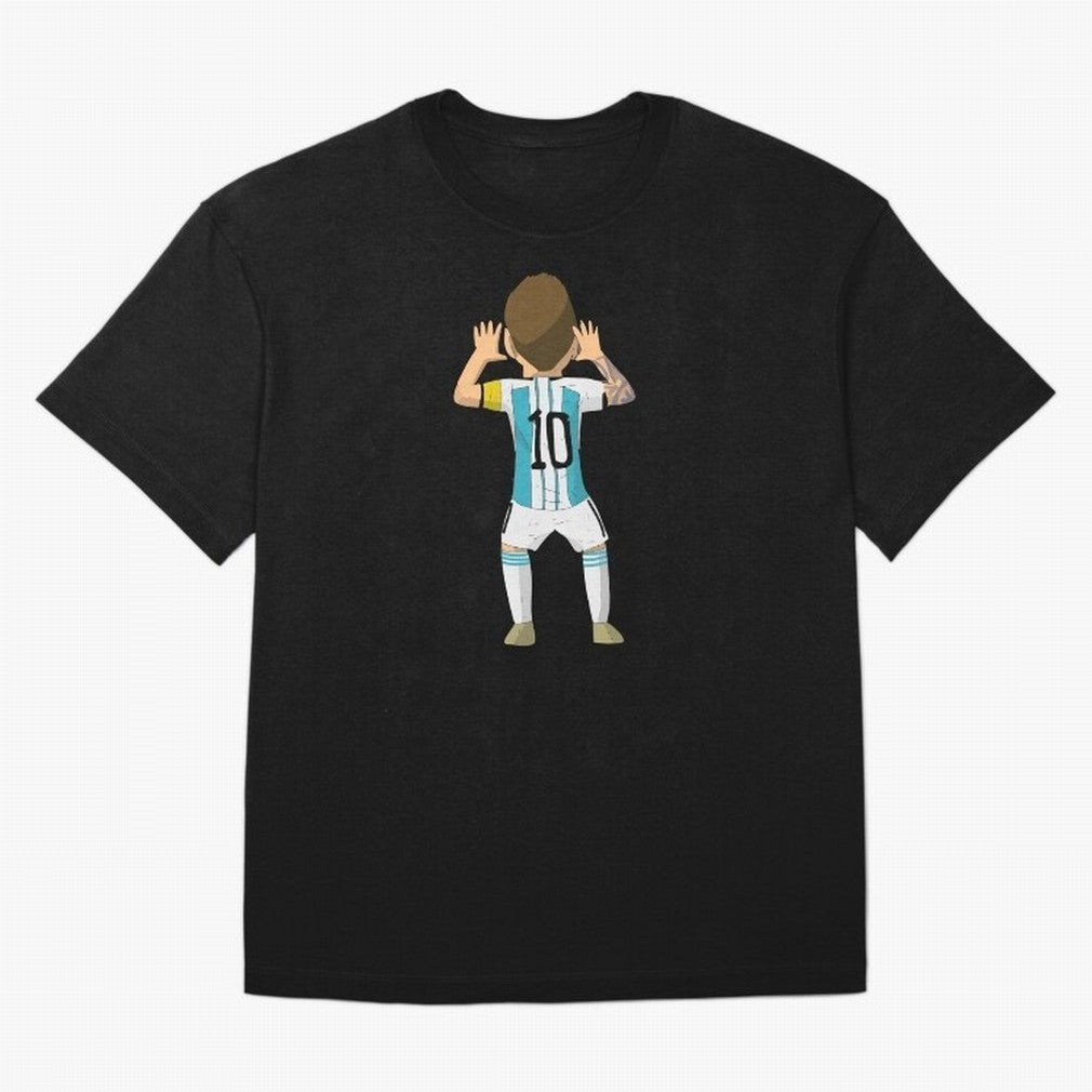 Cartoon Illustration Messi vs Netherlands World Cup Qatar 2022 Oversized T-Shirt Share FIFA World Cup 2026 Spirit, Celebrating Argentina, Cristiano Ronaldo, Goal Celebration Energy, Supporter Heritage, Football Icons and Worldwide Tournament Joy;