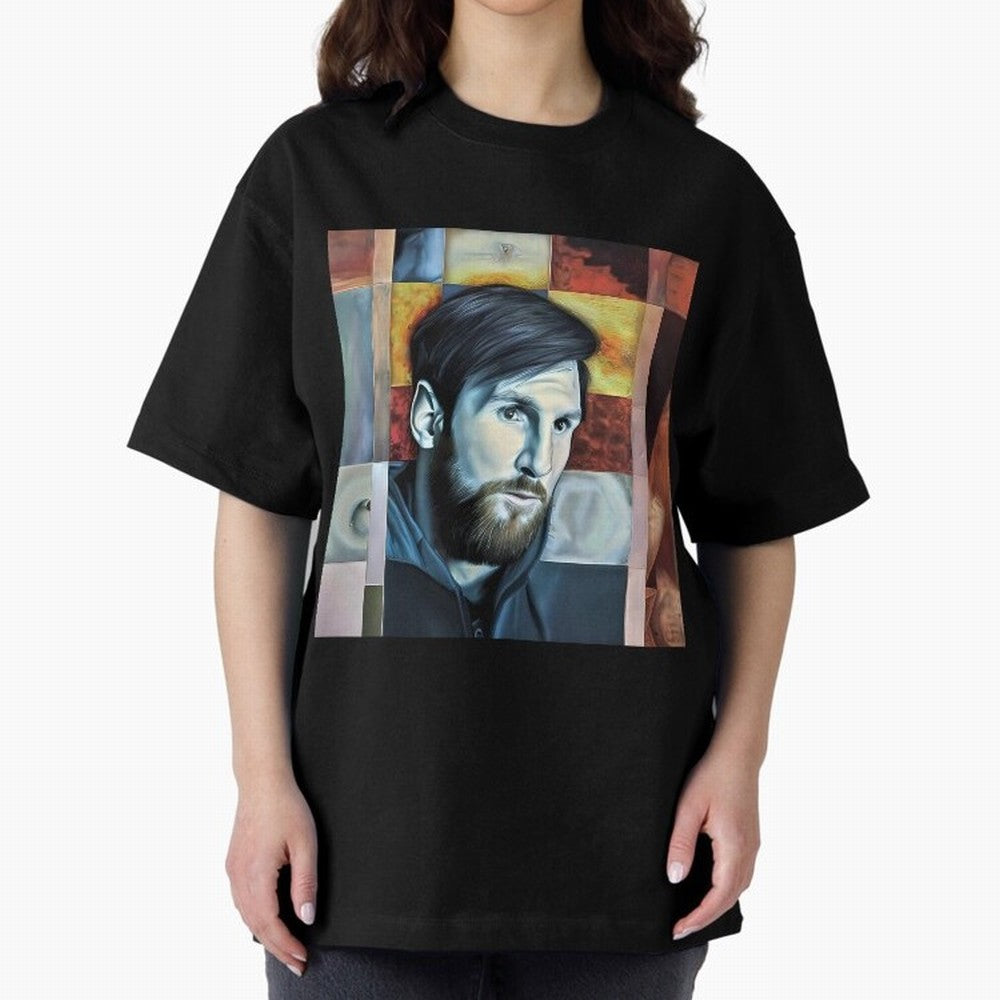 Messi on digital board Oversized T-Shirt Support Your Favorite Stars during the FIFA World Cup 2026 Group Stage Journey through CR7 Highlights, France and Portugal Pride, Championship Spirit, Famous Goals, Roaring Crowds and International Football