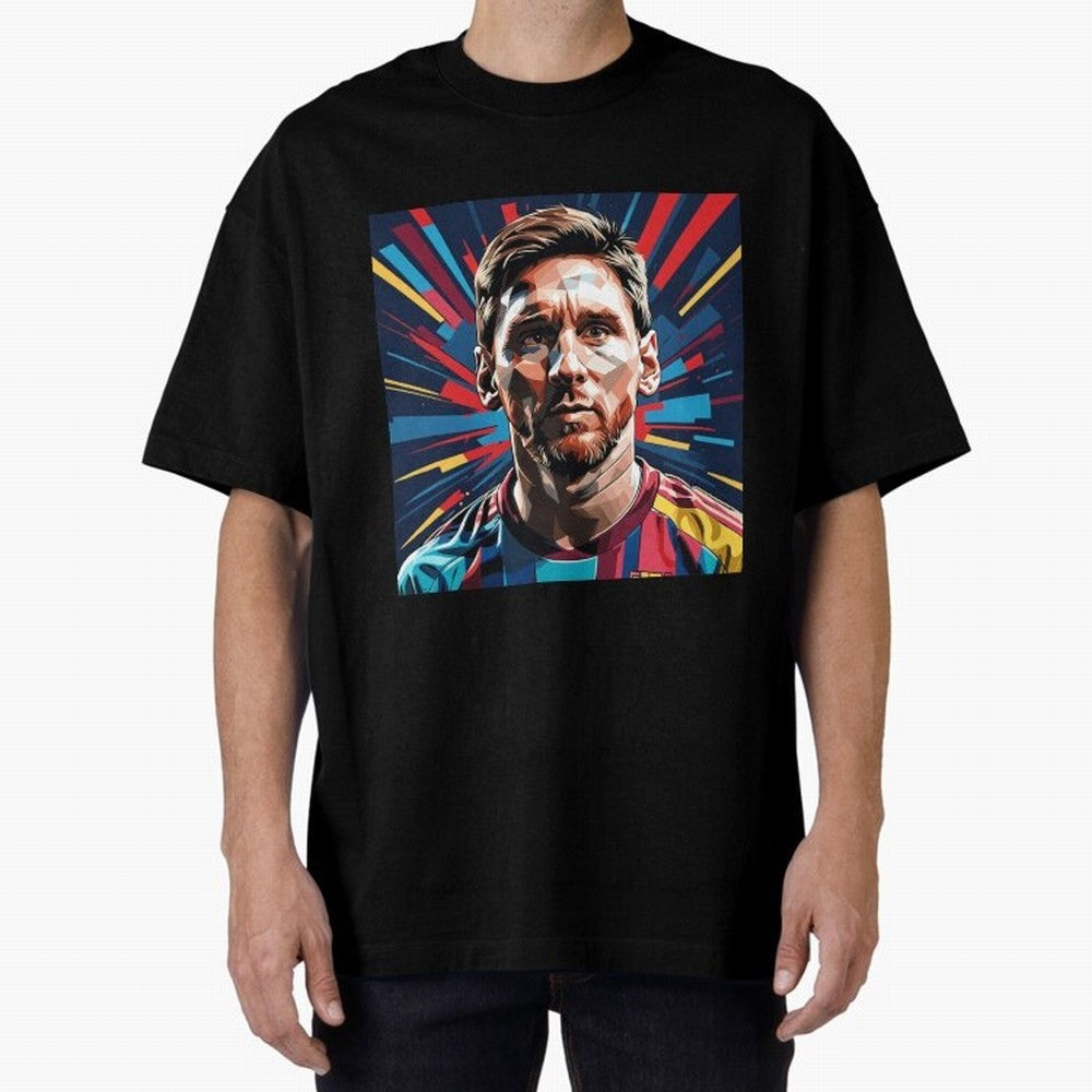 Lionel Messi Pop-Art Portrait Oversized T-Shirt Represent Football Lovers during the FIFA World Cup 2026 Journey through Messi, CR7 and Mbappe Highlights, England and Germany Pride, Global Supporter Spirit, Legendary Goals, National Colors and