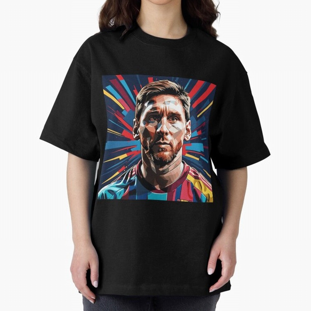 Lionel Messi Pop-Art Portrait Oversized T-Shirt Represent Football Lovers during the FIFA World Cup 2026 Journey through Messi, CR7 and Mbappe Highlights, England and Germany Pride, Global Supporter Spirit, Legendary Goals, National Colors and