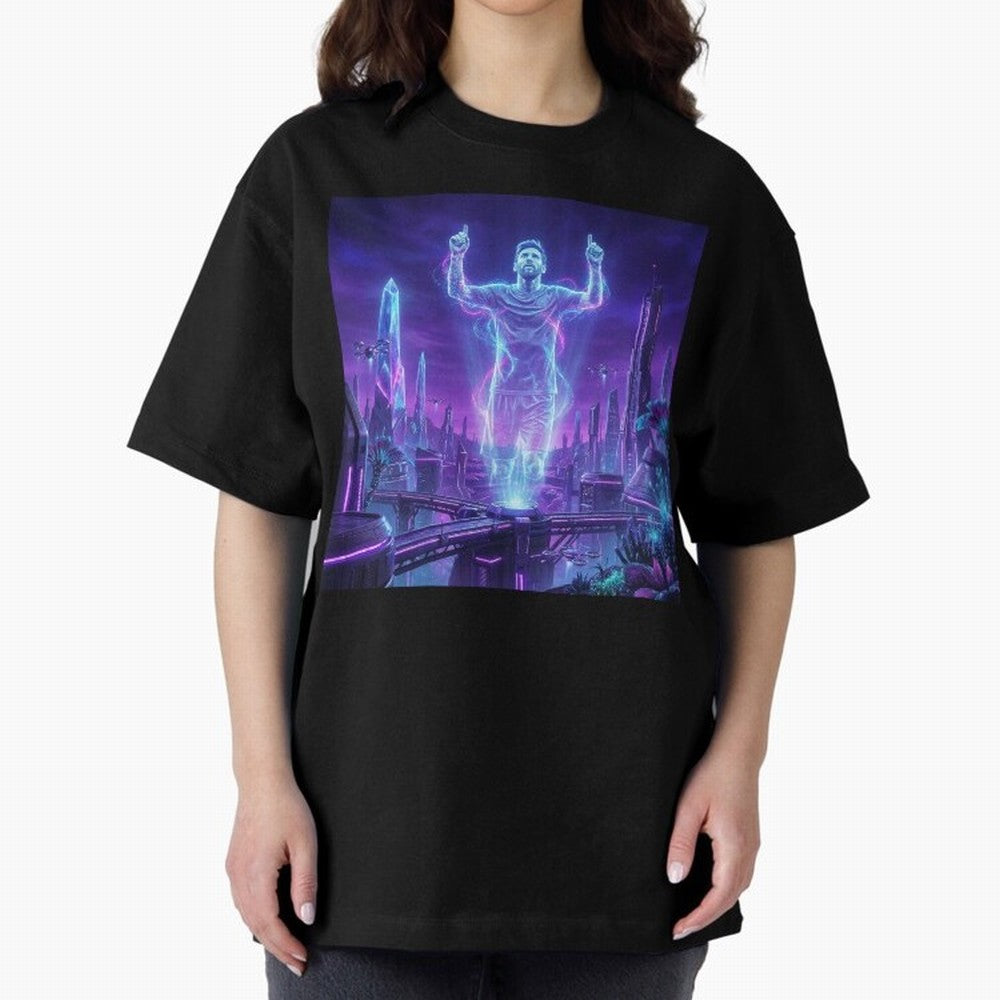Lionel Messi (GOAT) Hologram in Futuristic Cyberpunk City (Version 2) Classic T-Shirt Show Your Tournament Heart for FIFA World Cup 2026 USA Canada Mexico Centered on Mbappe and Neymar, Brazil Energy, Retro Football Energy, Iconic Rivalries, Trophy