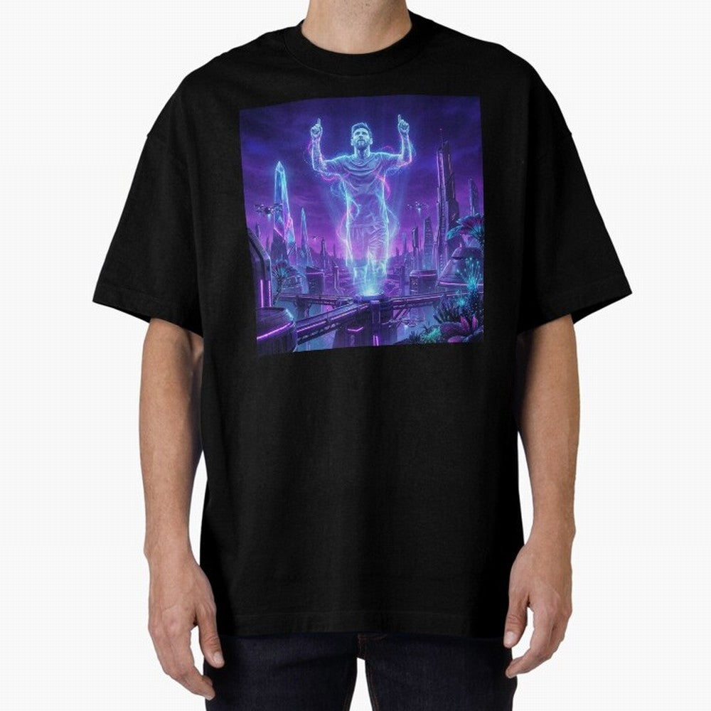 Lionel Messi (GOAT) Hologram in Futuristic Cyberpunk City (Version 2) Classic T-Shirt Show Your Tournament Heart for FIFA World Cup 2026 USA Canada Mexico Centered on Mbappe and Neymar, Brazil Energy, Retro Football Energy, Iconic Rivalries, Trophy