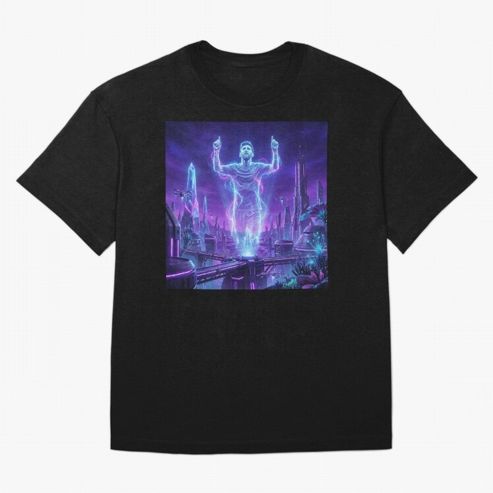 Lionel Messi (GOAT) Hologram in Futuristic Cyberpunk City (Version 2) Classic T-Shirt Show Your Tournament Heart for FIFA World Cup 2026 USA Canada Mexico Centered on Mbappe and Neymar, Brazil Energy, Retro Football Energy, Iconic Rivalries, Trophy