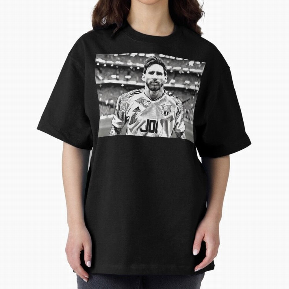 Messi Pop Art Portrait Oversized T-Shirt Capture Global Football Passion for FIFA World Cup 2026, Capturing Messi and Cristiano Ronaldo, Brazil, Championship Spirit, Famous Goals, Roaring Crowds and International Football Unity; Made for Collectors