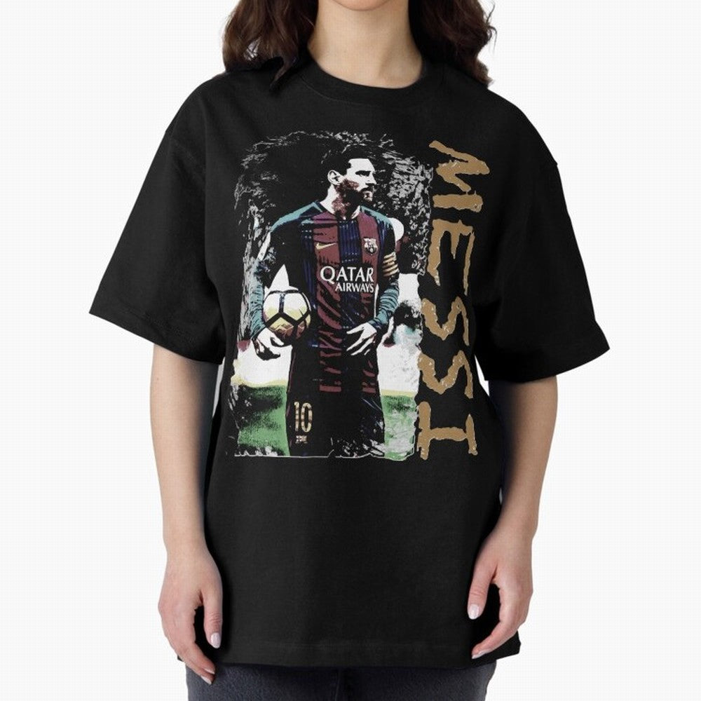 Messi Pop Art Portrait Oversized T-Shirt Remember Iconic Moments from FIFA World Cup 2026 Connected to Messi, Neymar and Mbappe, Brazil Energy, Global Supporter Spirit, Legendary Goals, National Colors and Tournament Celebration; Great for Watch