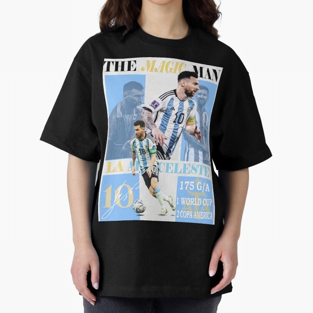 Lionel Messi Argentina World Cup 2022 Champion Victory Poster Oversized T-Shirt Honor the Football Icons of FIFA World Cup 2026 Group Stage with Messi and Cristiano Ronaldo, Netherlands Energy, Supporter Pride, Iconic Celebrations, Legendary Names