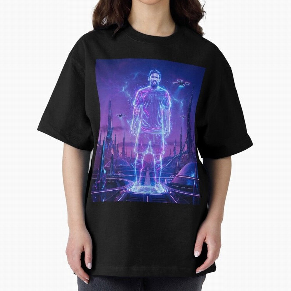 Lionel Messi (GOAT) Hologram in Futuristic Cyberpunk City (Version 4) Classic T-Shirt Celebrate Supporters United by FIFA World Cup 2026 Group Stage for Fans of Cristiano Ronaldo and Argentina, France and Brazil, Bringing Football History, Final