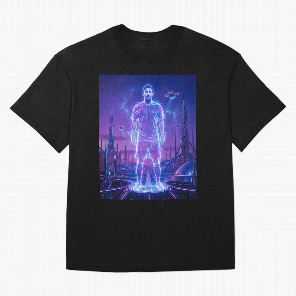 Lionel Messi (GOAT) Hologram in Futuristic Cyberpunk City (Version 4) Classic T-Shirt Celebrate Supporters United by FIFA World Cup 2026 Group Stage for Fans of Cristiano Ronaldo and Argentina, France and Brazil, Bringing Football History, Final
