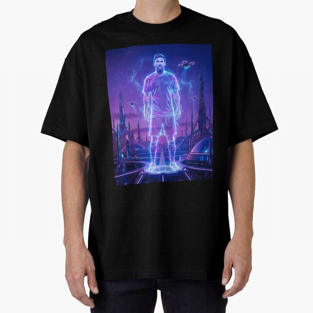 Lionel Messi (GOAT) Hologram in Futuristic Cyberpunk City (Version 4) Classic T-Shirt Celebrate Supporters United by FIFA World Cup 2026 Group Stage for Fans of Cristiano Ronaldo and Argentina, France and Brazil, Bringing Football History, Final