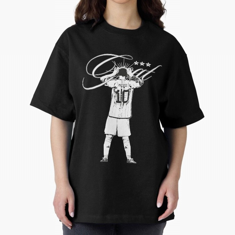Messi Argentina, GOAT Oversized T-Shirt Honor Football Greatness during Global Football Passion for FIFA World Cup 2026, Connected to Messi, Neymar and Mbappe, Portugal, Spain and Germany, Football History, Final Match Energy, Crowd Noise and Once