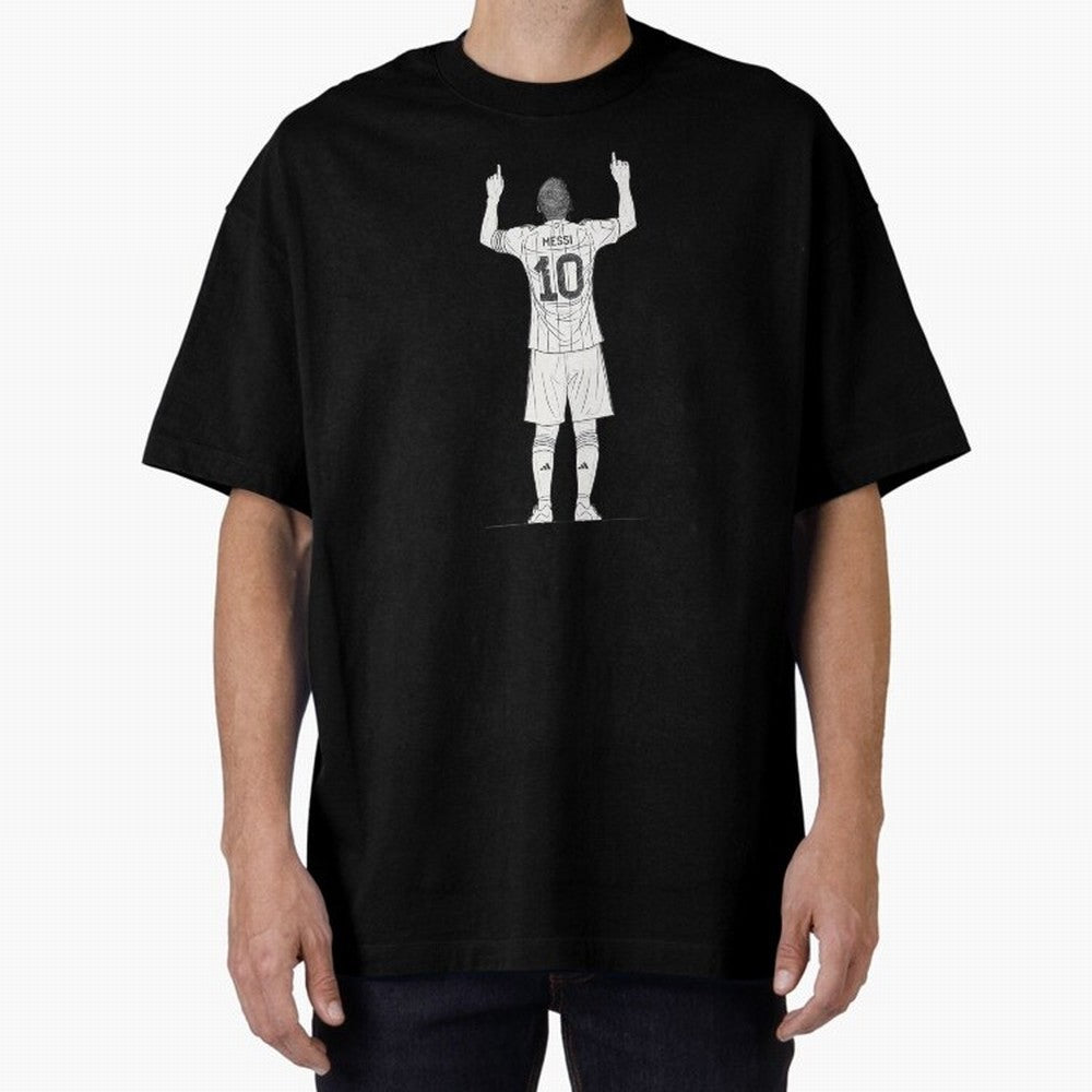 Lionel Messi minimalist sketch Oversized T-Shirt Follow the Road to FIFA World Cup 2026 USA Canada Mexico with Messi, Neymar and Mbappe, England and Germany Energy, Championship Spirit, Famous Goals, Roaring Crowds and International Football Unity;