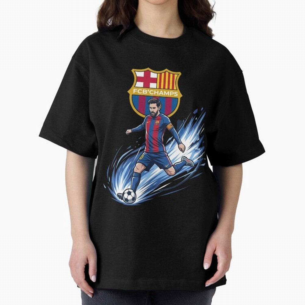 FC Barcelona Champs - The Goat Edition Oversized T-Shirt Support Match Day Hype around FIFA World Cup 2026 USA Canada Mexico, Messi, France and Portugal, Champion Mindset, Group Stage Buzz, Knockout Tension and Passionate Fan Culture; Ideal for