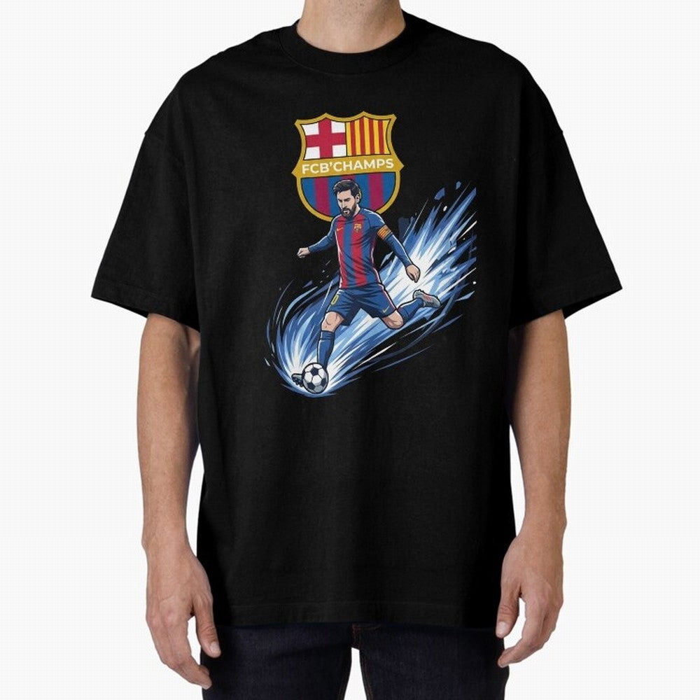 FC Barcelona Champs - The Goat Edition Oversized T-Shirt Support Match Day Hype around FIFA World Cup 2026 USA Canada Mexico, Messi, France and Portugal, Champion Mindset, Group Stage Buzz, Knockout Tension and Passionate Fan Culture; Ideal for
