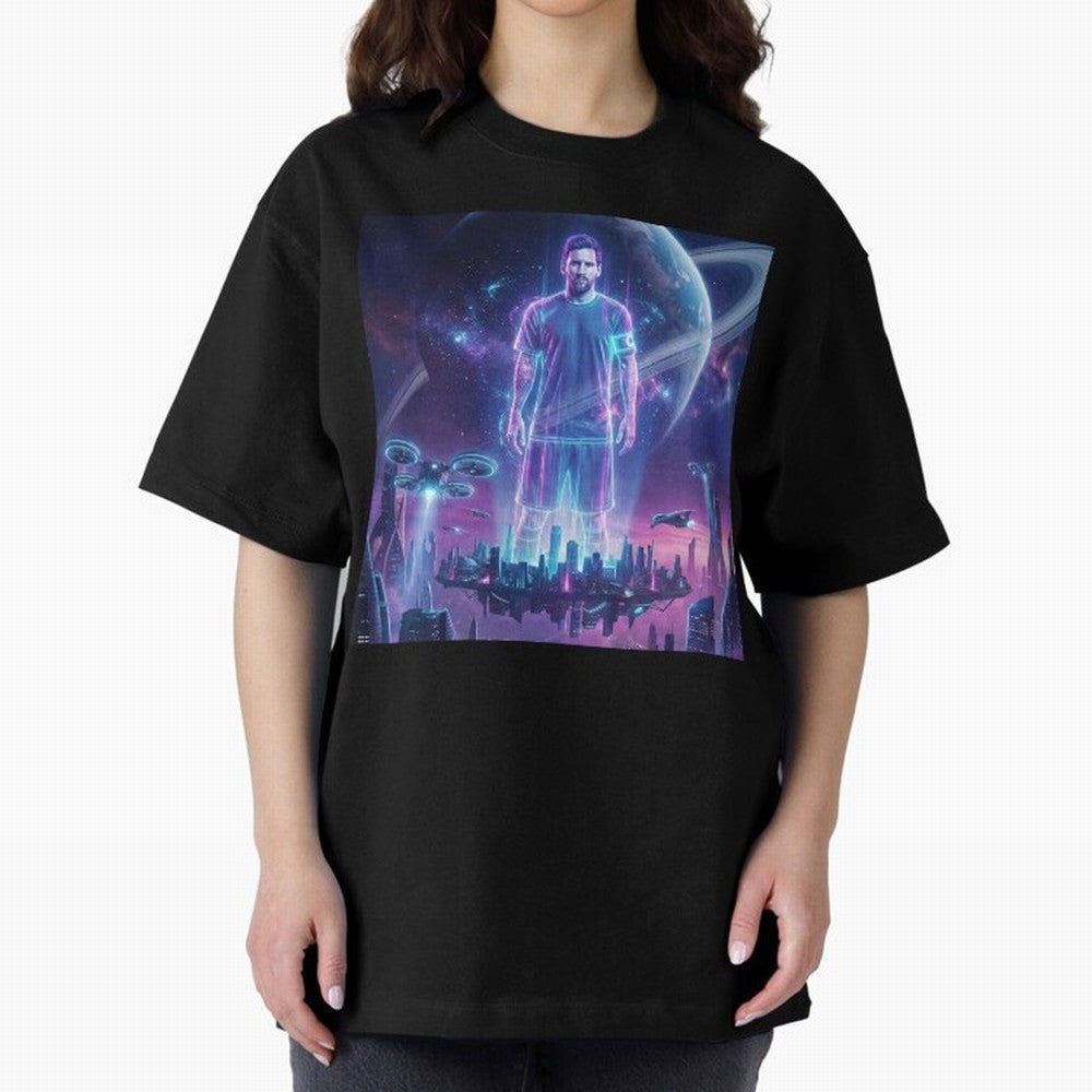 Lionel Messi (GOAT) Hologram in Futuristic Cyberpunk City (Version 3) Classic T-Shirt Stand Out with Spirit from FIFA World Cup 2026 Group Stage for Fans of Mbappe and Neymar and Brazil, Bringing Tournament Hype, Historic Matchups, Family Viewing