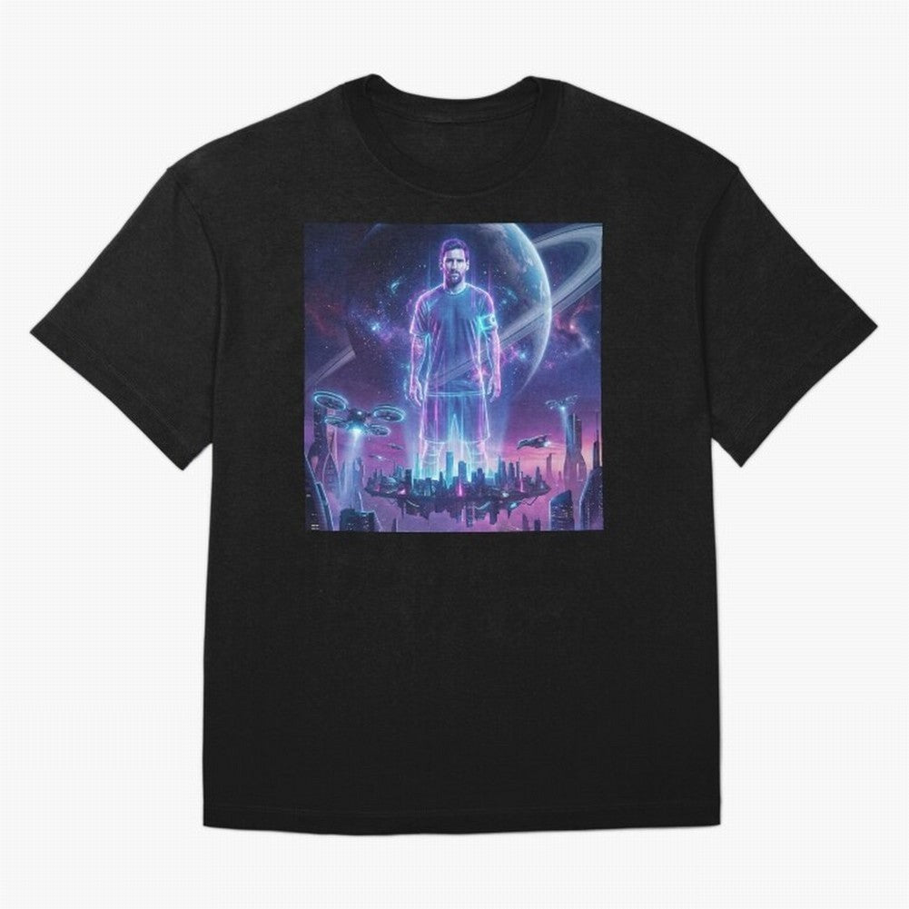 Lionel Messi (GOAT) Hologram in Futuristic Cyberpunk City (Version 3) Classic T-Shirt Stand Out with Spirit from FIFA World Cup 2026 Group Stage for Fans of Mbappe and Neymar and Brazil, Bringing Tournament Hype, Historic Matchups, Family Viewing