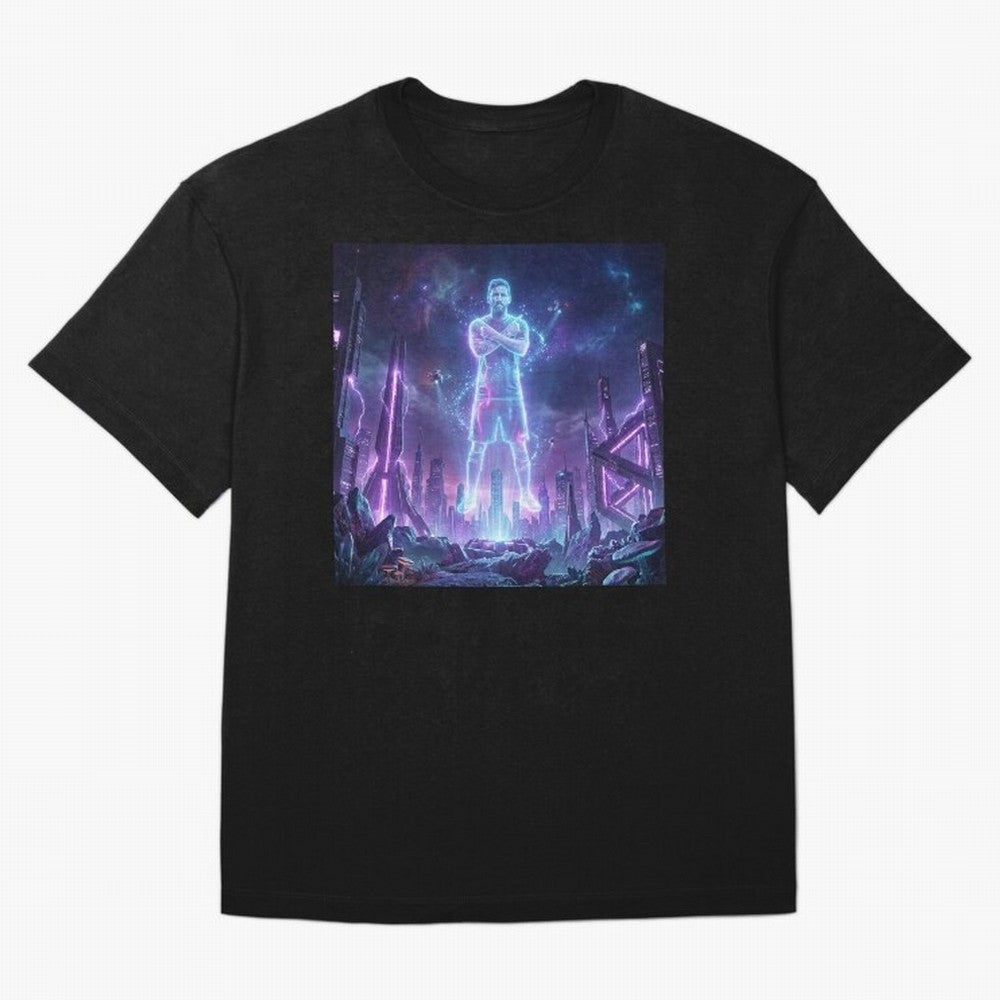 Lionel Messi (GOAT) Hologram in Futuristic Cyberpunk City Classic T-Shirt Turn Football Passion into FIFA World Cup 2026 USA Canada Mexico Spirit, Centered on Spain and Netherlands, Mbappe, Goal Celebration Energy, Supporter Heritage, Football