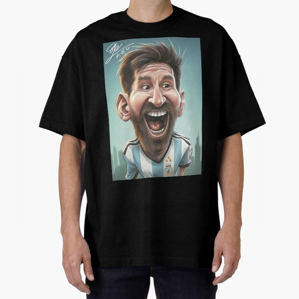 Lionel Messi Caricature Art with Autograph Oversized T-Shirt Cheer for the FIFA World Cup 2026 Group Stage Journey through Cristiano Ronaldo Highlights, England, France and Netherlands Pride, Stadium Chants, National Pride, Trophy Dreams and