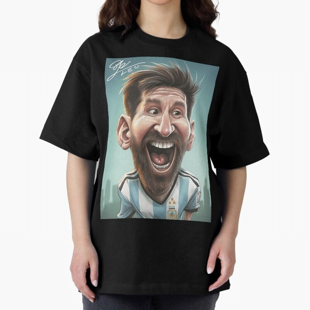 Lionel Messi Caricature Art with Autograph Oversized T-Shirt Cheer for the FIFA World Cup 2026 Group Stage Journey through Cristiano Ronaldo Highlights, England, France and Netherlands Pride, Stadium Chants, National Pride, Trophy Dreams and