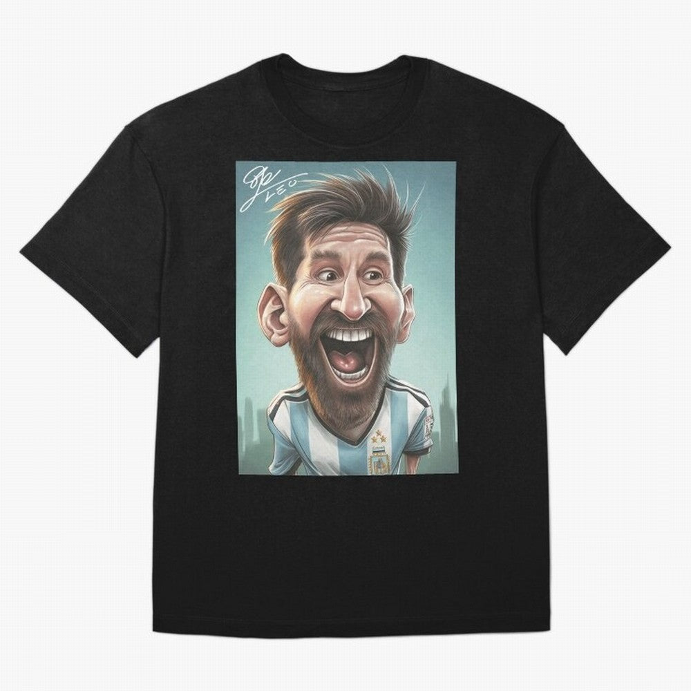 Lionel Messi Caricature Art with Autograph Oversized T-Shirt Cheer for the FIFA World Cup 2026 Group Stage Journey through Cristiano Ronaldo Highlights, England, France and Netherlands Pride, Stadium Chants, National Pride, Trophy Dreams and