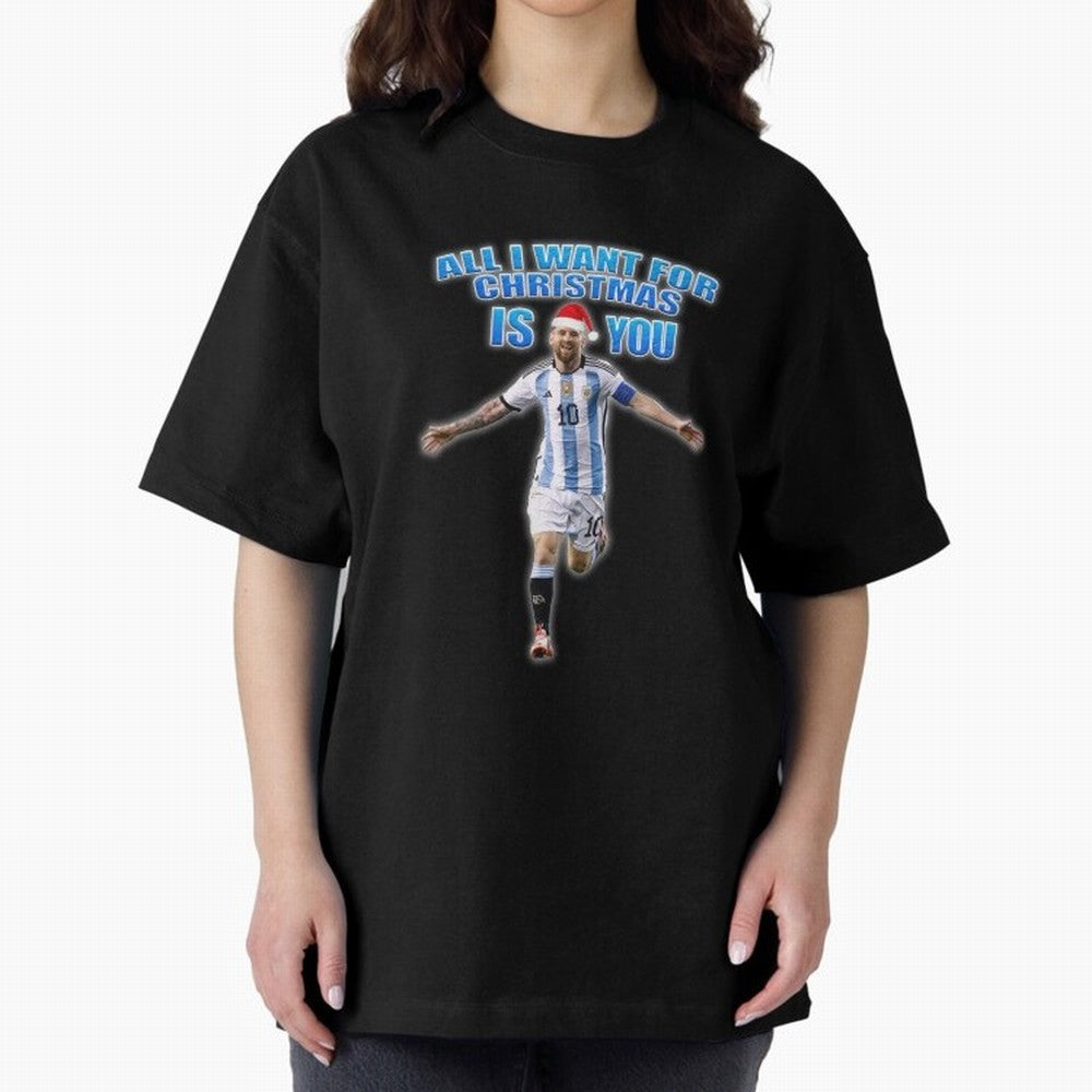 Lionel Messi Christmas Santa Claus Football Gift Oversized T-Shirt Show Passion for the Stars of FIFA World Cup 2026 Group Stage with Messi, CR7 and Mbappe, Portugal Energy, Football Festival Excitement, Trophy Ambitions, Country Rivalries and Star