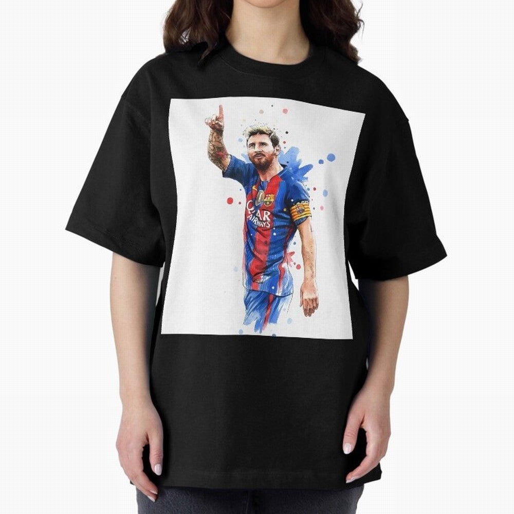 Lionel Messi Barcelona football legend Oversized T-Shirt Show Your Stadium Side during Global Football Passion for FIFA World Cup 2026 Group Stage, Connected to Messi, Neymar and Mbappe, Argentina, France and Brazil, Match Day Excitement, Supporter