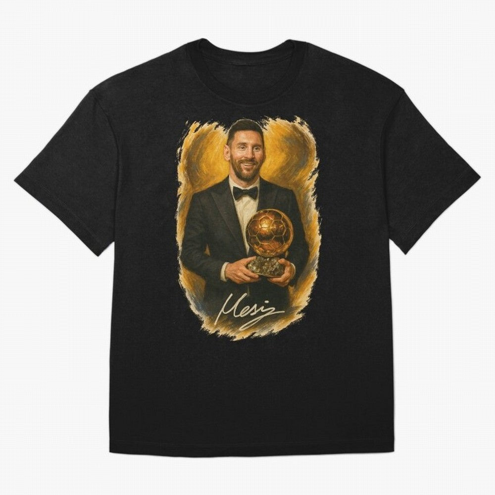 Lionel Messi Ballon d'Or Portrait ¨C Football Legend in Tuxedo Holding Trophy Classic T-Shirt Honor the Beautiful Game during FIFA World Cup 2026 Group Stage Spirit, Built around Argentina, Haaland, Supporter Pride, Iconic Celebrations, Legendary