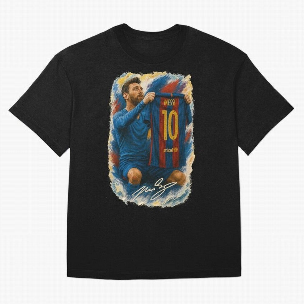 Messi Shirt Celebration Poster ¨C Iconic FC Barcelona Number 10 Artwork Oversized T-Shirt Elevate FIFA World Cup 2026 for Fans of Haaland and France, Bringing Vintage Soccer Flavor, Modern Football Stars, National Flags and Final Night Emotion;