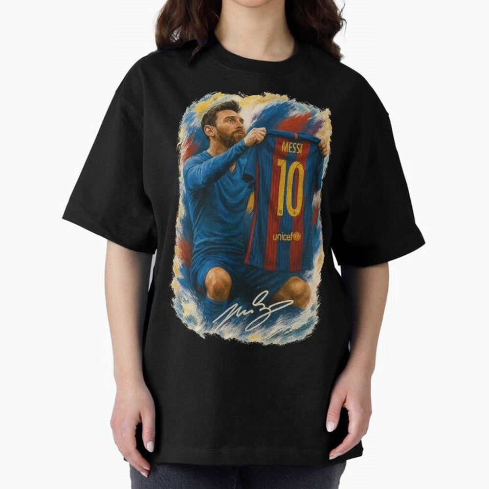 Messi Shirt Celebration Poster ¨C Iconic FC Barcelona Number 10 Artwork Oversized T-Shirt Elevate FIFA World Cup 2026 for Fans of Haaland and France, Bringing Vintage Soccer Flavor, Modern Football Stars, National Flags and Final Night Emotion;