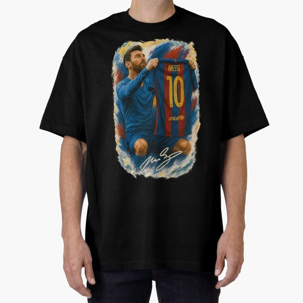 Messi Shirt Celebration Poster ¨C Iconic FC Barcelona Number 10 Artwork Oversized T-Shirt Elevate FIFA World Cup 2026 for Fans of Haaland and France, Bringing Vintage Soccer Flavor, Modern Football Stars, National Flags and Final Night Emotion;
