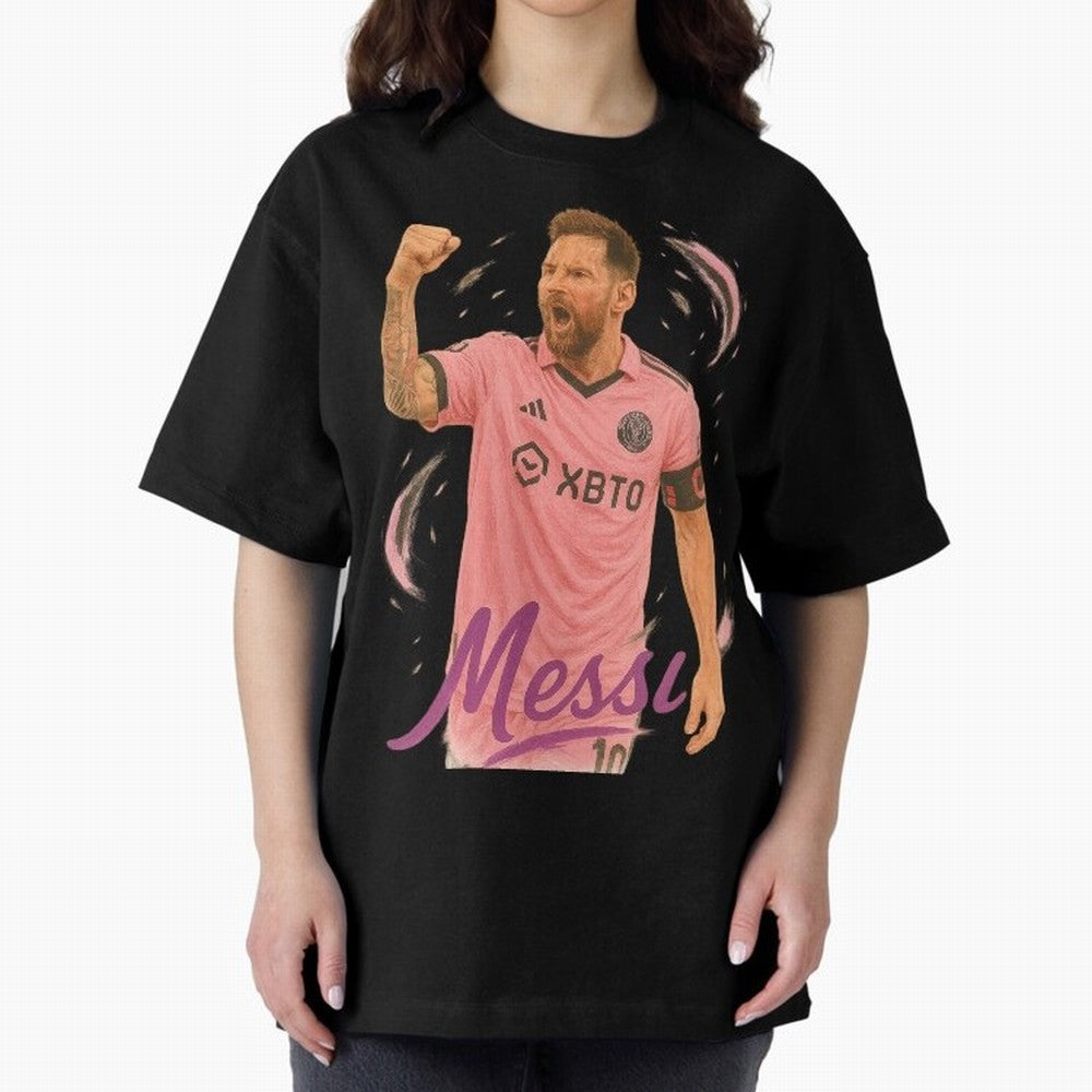 Lionel Messi Inter Miami Art ¨C Pink Jersey Football Icon Tribute	 Oversized T-Shirt Honor Global Football Passion for FIFA World Cup 2026 Group Stage, Celebrating Neymar, Haaland and Cristiano Ronaldo, Portugal, Global Supporter Spirit, Legendary