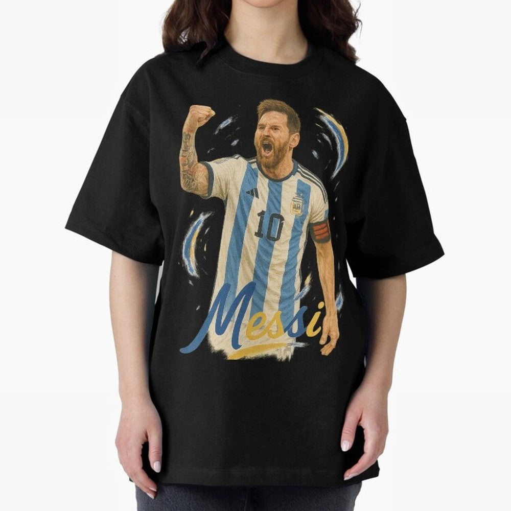 Lionel Messi Argentina Art ¨C Iconic World Cup Champion Tribute Design	 Oversized T-Shirt Keep the Match Day Mood of FIFA World Cup 2026 Group Stage Spirit, Made for Argentina and Brazil, Messi, Football Festival Excitement, Trophy Ambitions,