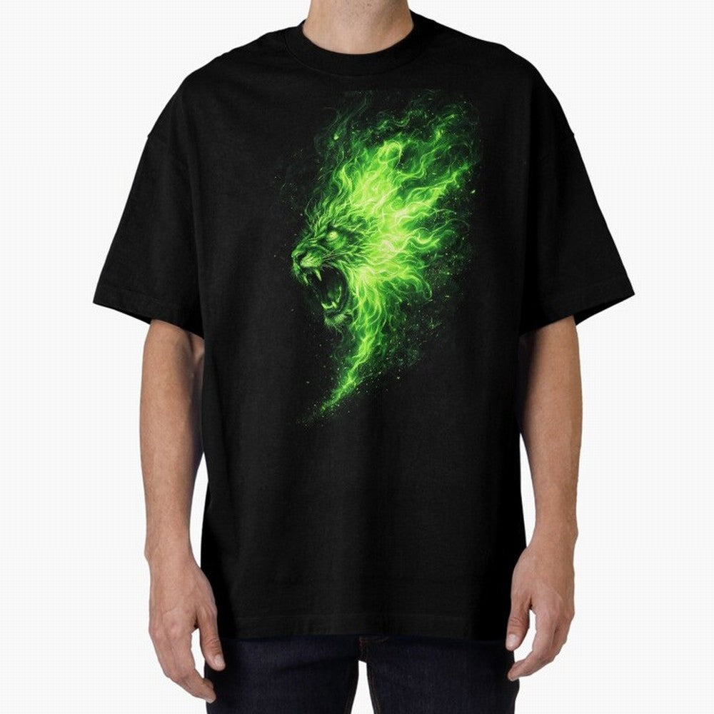 Neon Green Flame Lion ¨C Glowing Fire Roar Beast Graphic | Dark Aesthetic Streetwear Design Graphic T-Shirt Bring Global Tournament Vibes to Match Day Hype around FIFA World Cup 2026, Neymar, Argentina, France and Brazil, Champion Mindset, Group