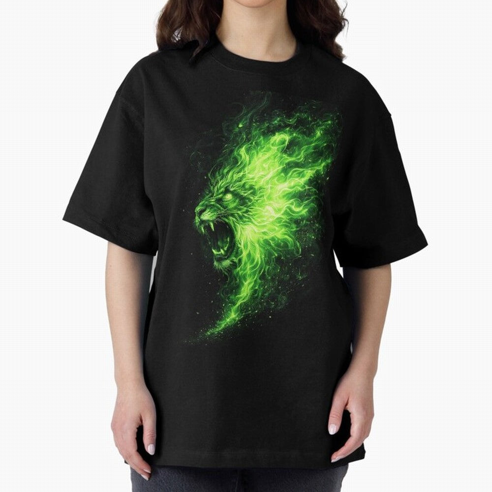 Neon Green Flame Lion ¨C Glowing Fire Roar Beast Graphic | Dark Aesthetic Streetwear Design Graphic T-Shirt Bring Global Tournament Vibes to Match Day Hype around FIFA World Cup 2026, Neymar, Argentina, France and Brazil, Champion Mindset, Group