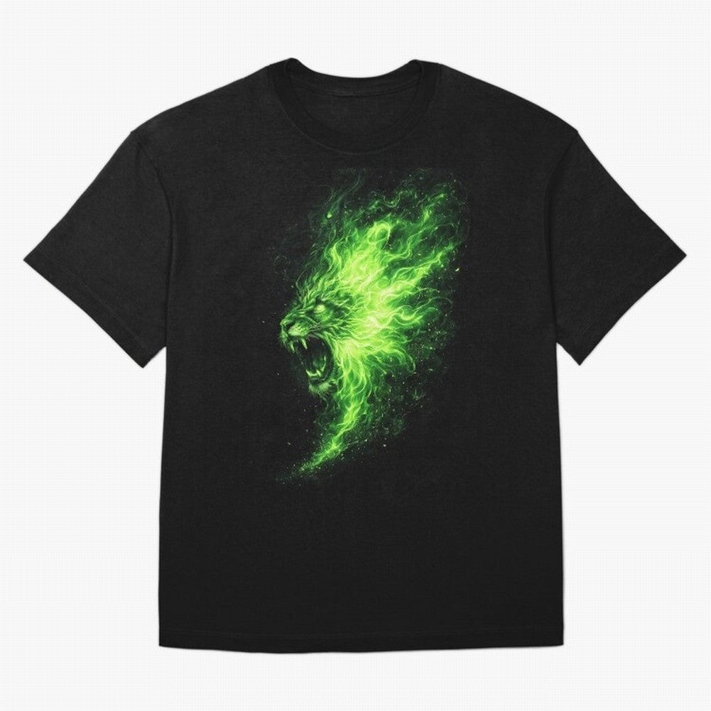 Neon Green Flame Lion ¨C Glowing Fire Roar Beast Graphic | Dark Aesthetic Streetwear Design Graphic T-Shirt Bring Global Tournament Vibes to Match Day Hype around FIFA World Cup 2026, Neymar, Argentina, France and Brazil, Champion Mindset, Group