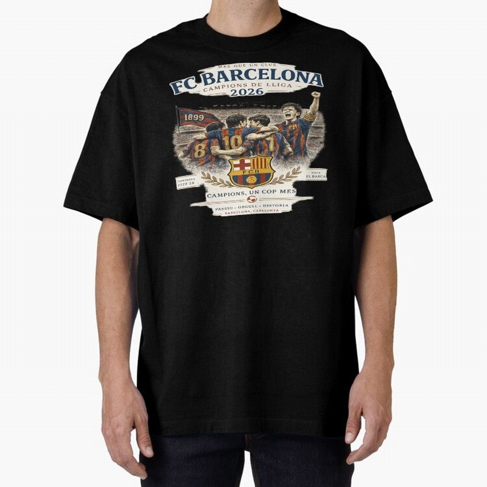 FC Barcelona Champions Vintage 2026 Oversized T-Shirt Honor the Beautiful Game during Match Day Hype around FIFA World Cup 2026, Mbappe, England, Classic Soccer Heritage, Championship Pressure, Fan Loyalty and International Pride; Ideal for Fans