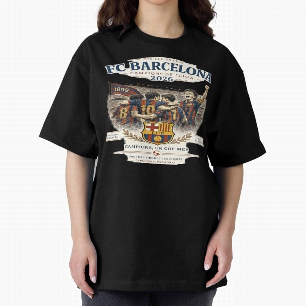 FC Barcelona Champions Vintage 2026 Oversized T-Shirt Honor the Beautiful Game during Match Day Hype around FIFA World Cup 2026, Mbappe, England, Classic Soccer Heritage, Championship Pressure, Fan Loyalty and International Pride; Ideal for Fans