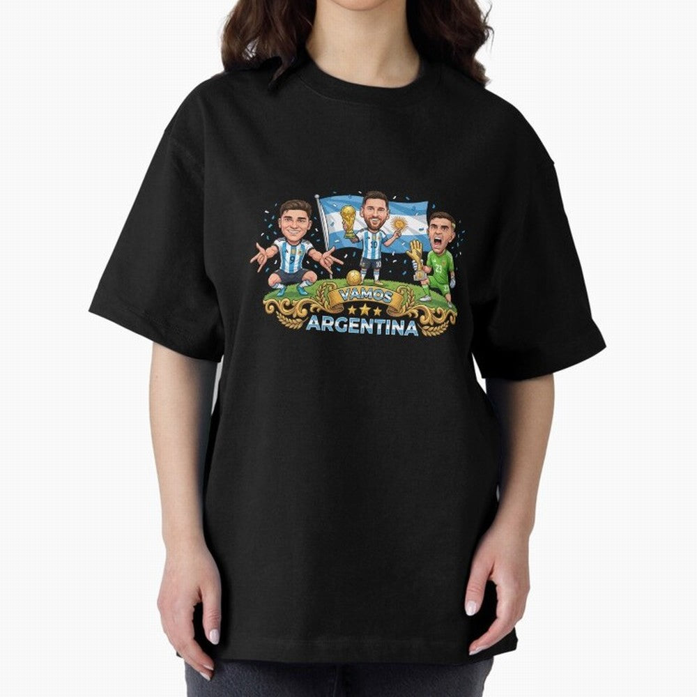 Argentina World Champions Messi Cartoon Classic T-Shirt Carry National Pride through the FIFA World Cup 2026 Journey through Cristiano Ronaldo Highlights, Brazil, Portugal and Argentina Pride, Goal Celebration Energy, Supporter Heritage, Football