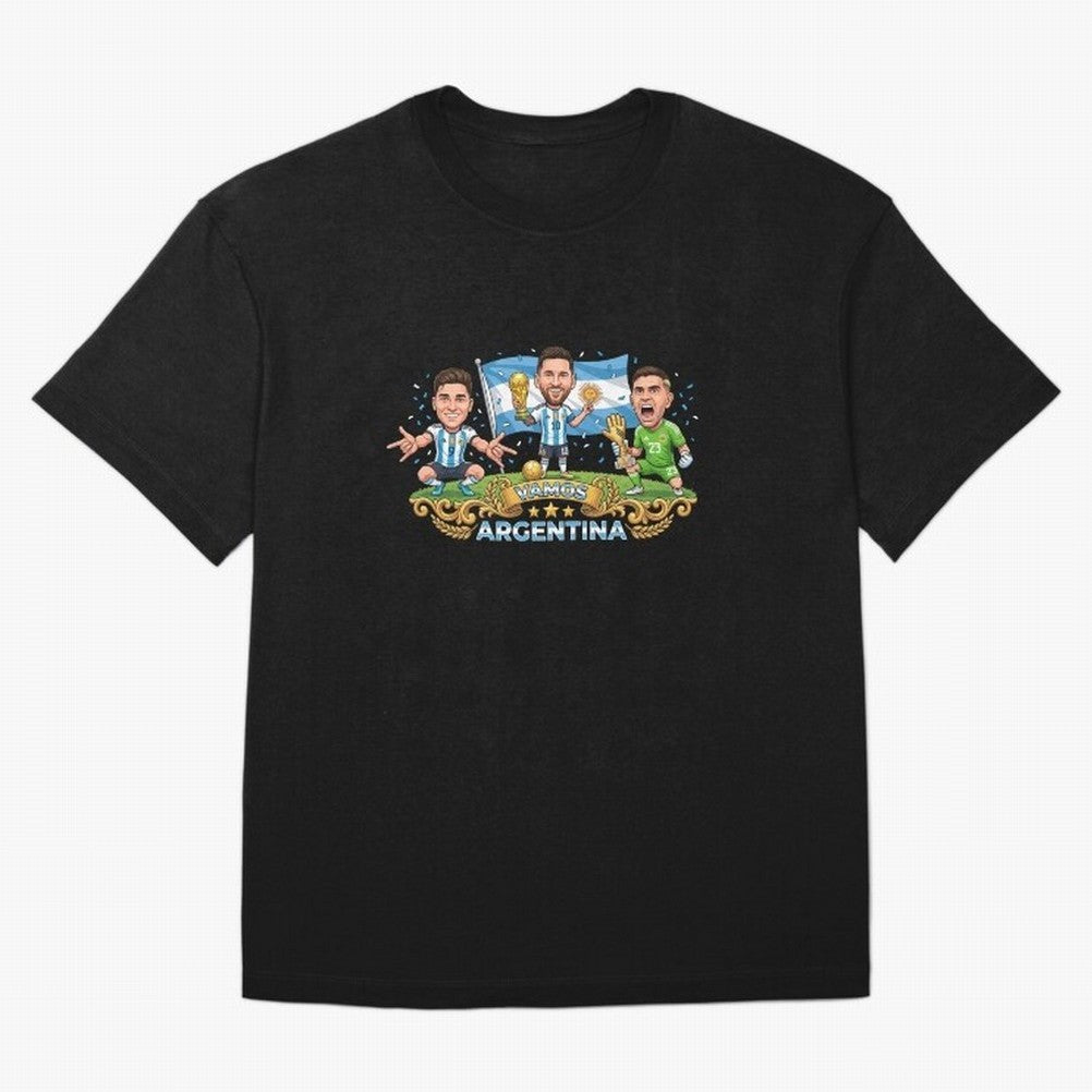 Argentina World Champions Messi Cartoon Classic T-Shirt Carry National Pride through the FIFA World Cup 2026 Journey through Cristiano Ronaldo Highlights, Brazil, Portugal and Argentina Pride, Goal Celebration Energy, Supporter Heritage, Football