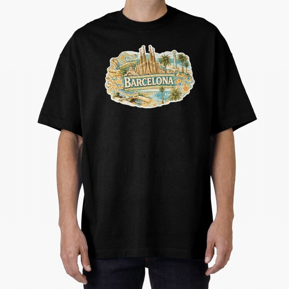 Barcelona Souvenir Sagrada Familia and Mosaic Design Oversized T-Shirt Represent the Passion of FIFA World Cup 2026 USA Canada Mexico Driven by Haaland and Mbappe, England, France and Netherlands Energy, Football History, Final Match Energy, Crowd