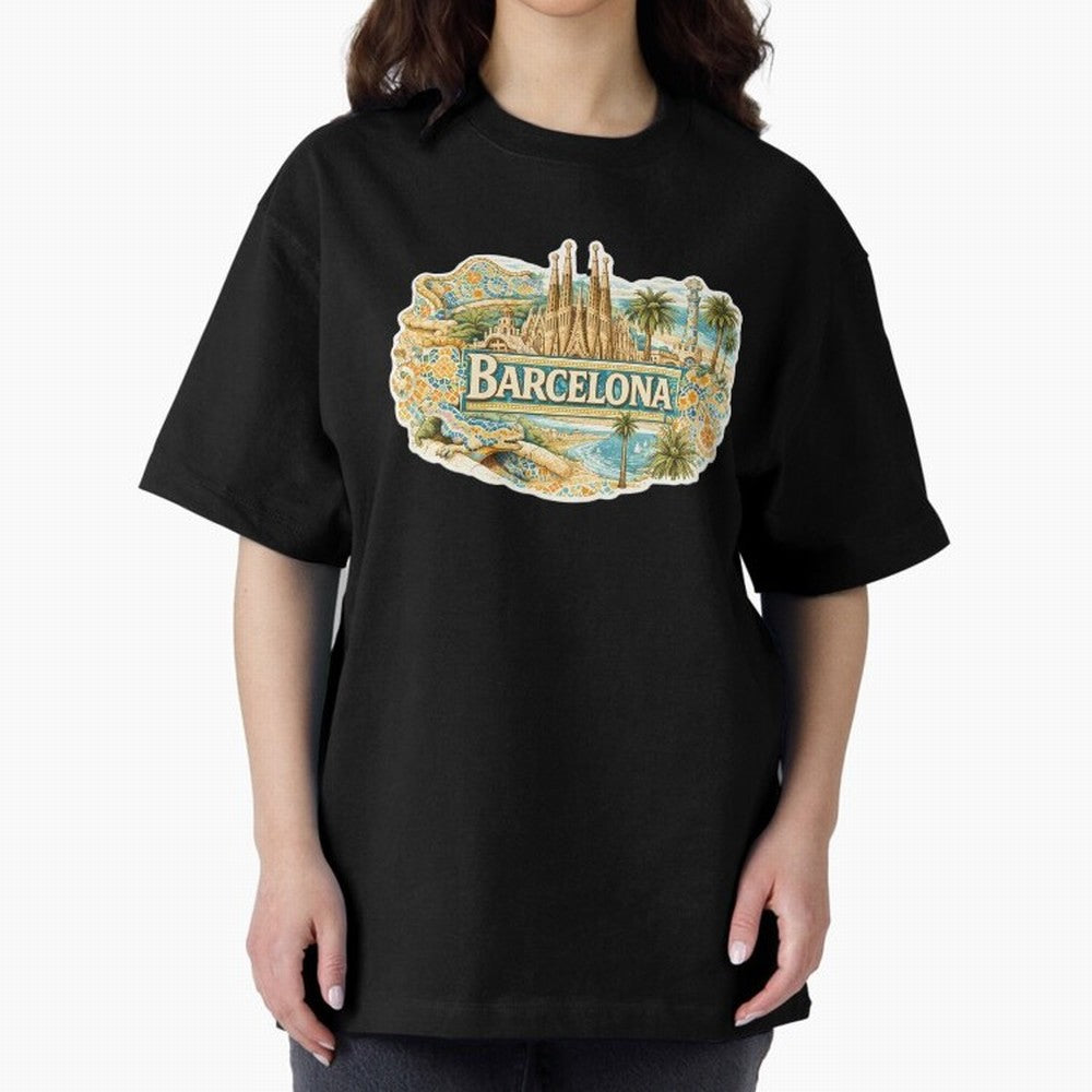 Barcelona Souvenir Sagrada Familia and Mosaic Design Oversized T-Shirt Represent the Passion of FIFA World Cup 2026 USA Canada Mexico Driven by Haaland and Mbappe, England, France and Netherlands Energy, Football History, Final Match Energy, Crowd