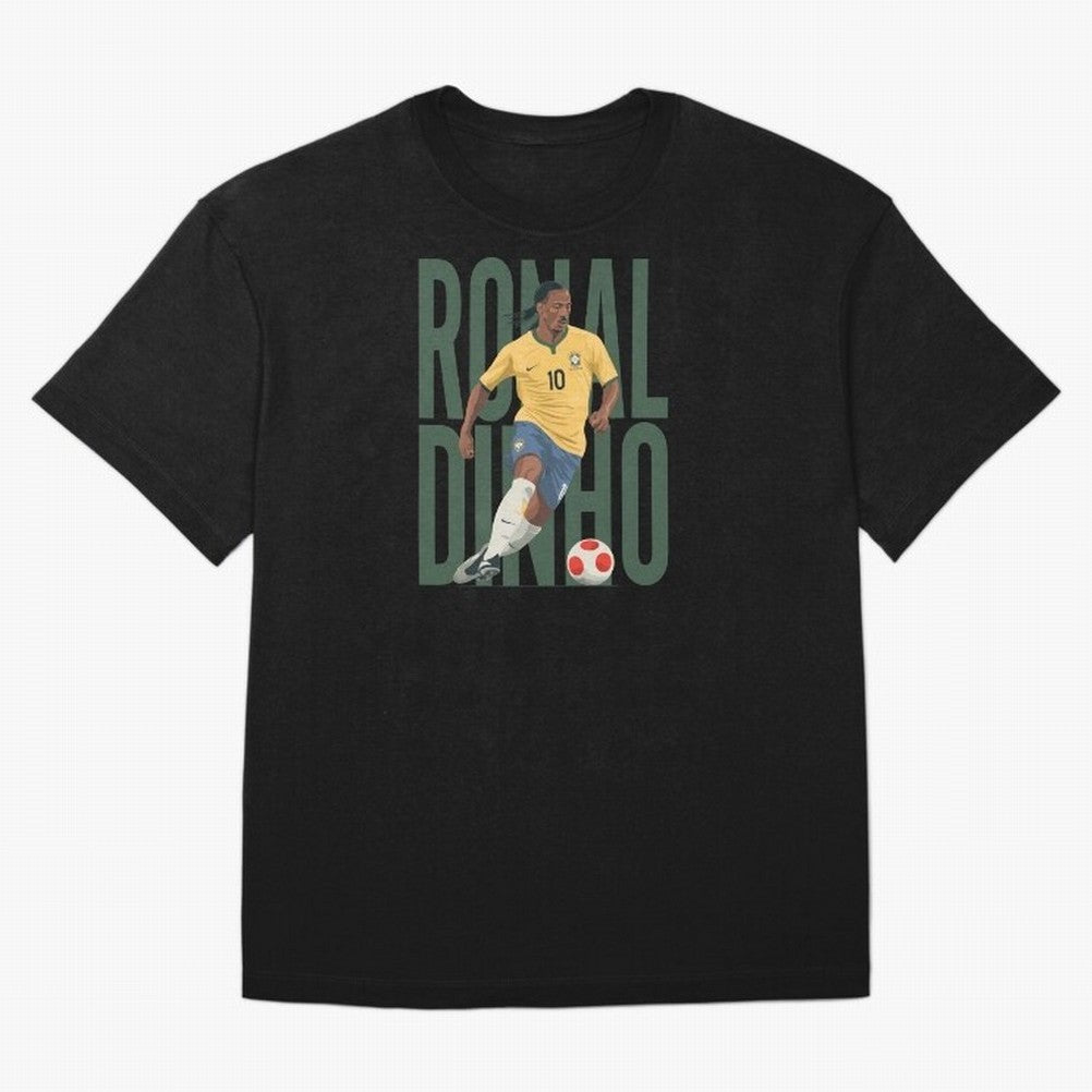 Ronaldinho Gaucho in action Minimalist Graphic Premium T-Shirt Celebrate the Next Chapter of FIFA World Cup 2026 for Fans of Haaland and Mbappe and France and Portugal, Bringing Vintage Soccer Flavor, Modern Football Stars, National Flags and Final