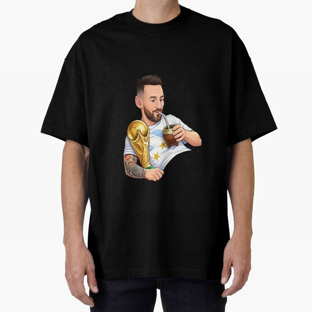 Messi drinking mate and his World Cup trophy Graphic T-Shirt Carry the Dream of Global Football Passion for FIFA World Cup 2026, Featuring Messi and Cristiano Ronaldo, England, France and Netherlands, Global Supporter Spirit, Legendary Goals,