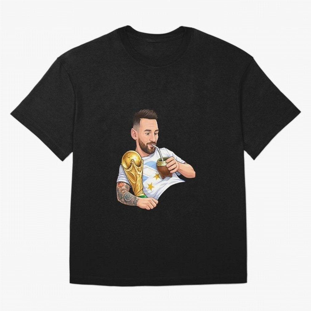 Messi drinking mate and his World Cup trophy Graphic T-Shirt Carry the Dream of Global Football Passion for FIFA World Cup 2026, Featuring Messi and Cristiano Ronaldo, England, France and Netherlands, Global Supporter Spirit, Legendary Goals,