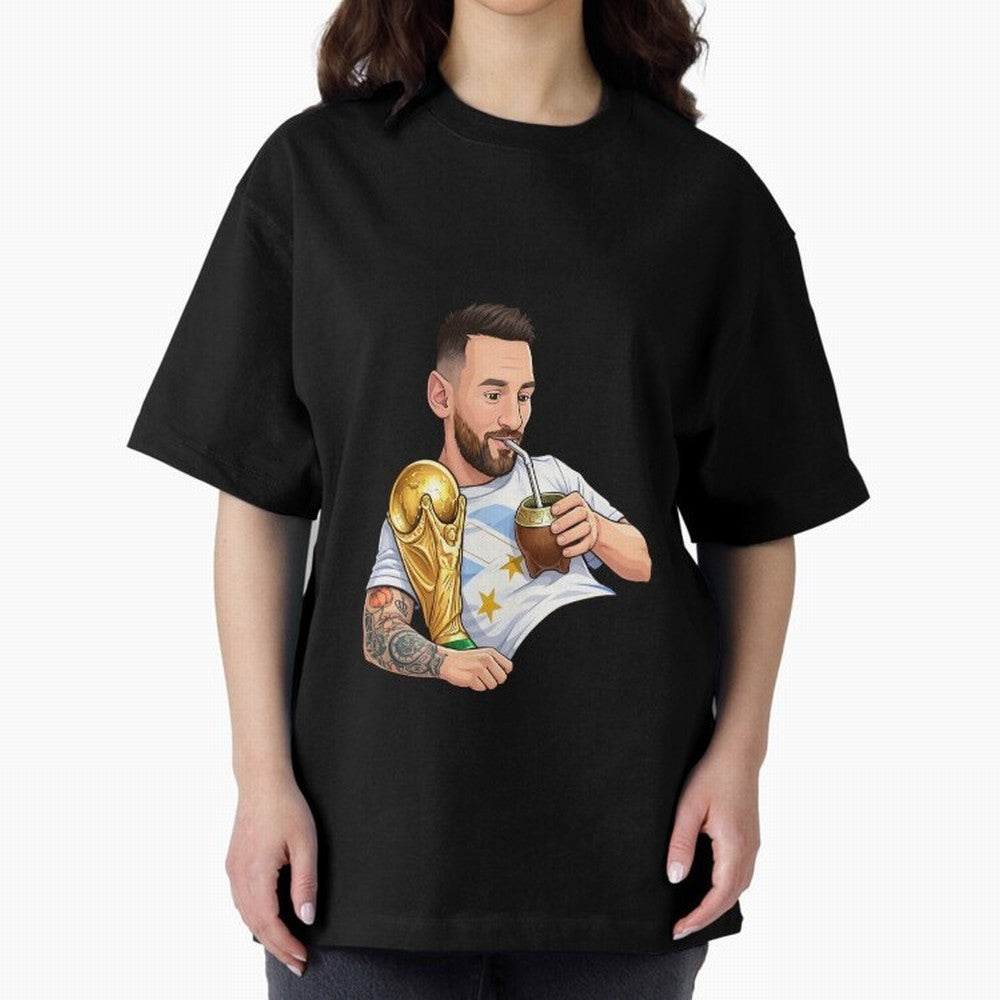 Messi drinking mate and his World Cup trophy Graphic T-Shirt Carry the Dream of Global Football Passion for FIFA World Cup 2026, Featuring Messi and Cristiano Ronaldo, England, France and Netherlands, Global Supporter Spirit, Legendary Goals,